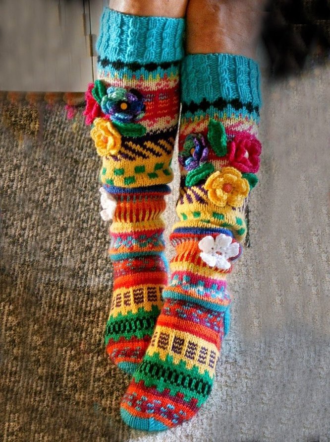 Zolucky Women Cotton 3D Floral Print Colorful  Socks