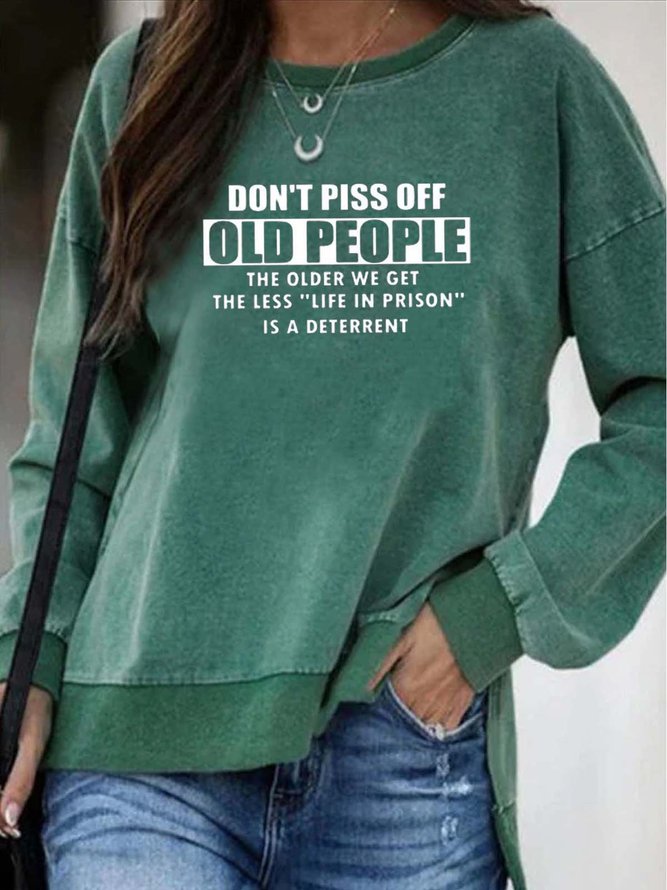 Letter  Long Sleeve  Printed  Cotton-blend Crew Neck  Casual  Winter   Green Top