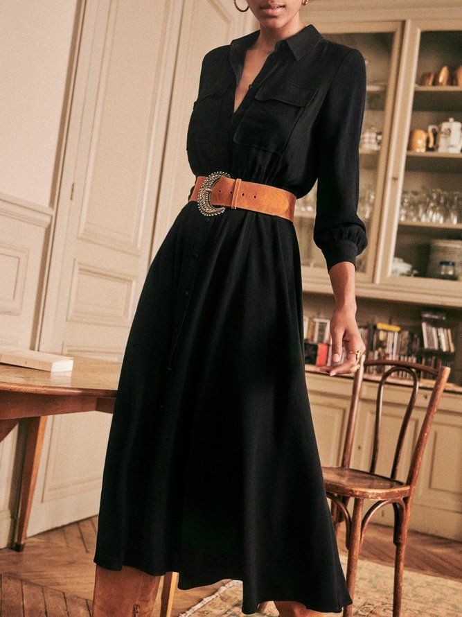 Black Vintage Casual Long Sleeve Paneled A-Line Weaving Dress