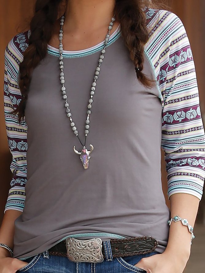 Casual Paneled 3/4 Sleeve Cotton-Blend Tops