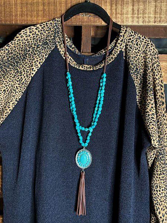 Leopard Round Neck Long Sleeve Loose Tunic & Top