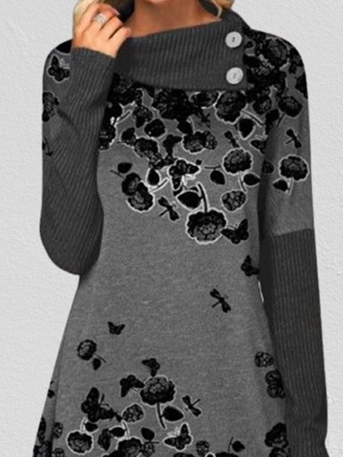 Women Vintage Gray Flower Print Long Sleeve Shirt