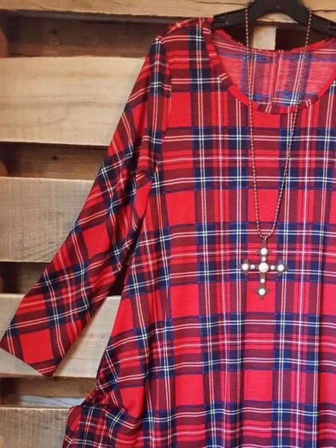 Plaid  Long Sleeve  Printed  Cotton-blend  Crew Neck Casual  Red Top