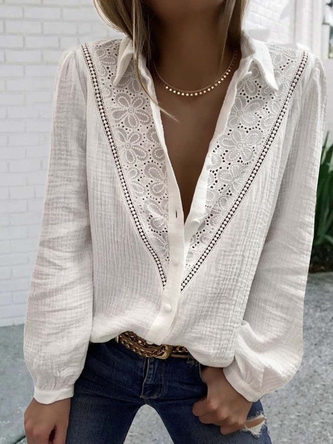 Long Sleeve Lace Cotton-blend Shawl Collar Casual Winter White Shirt ...