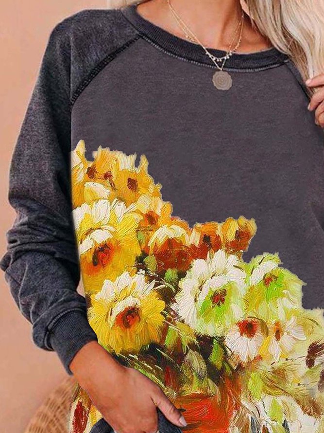 Floral  Long Sleeve  Printed Cotton-blend  Crew Neck Casual  Winter  Black Top
