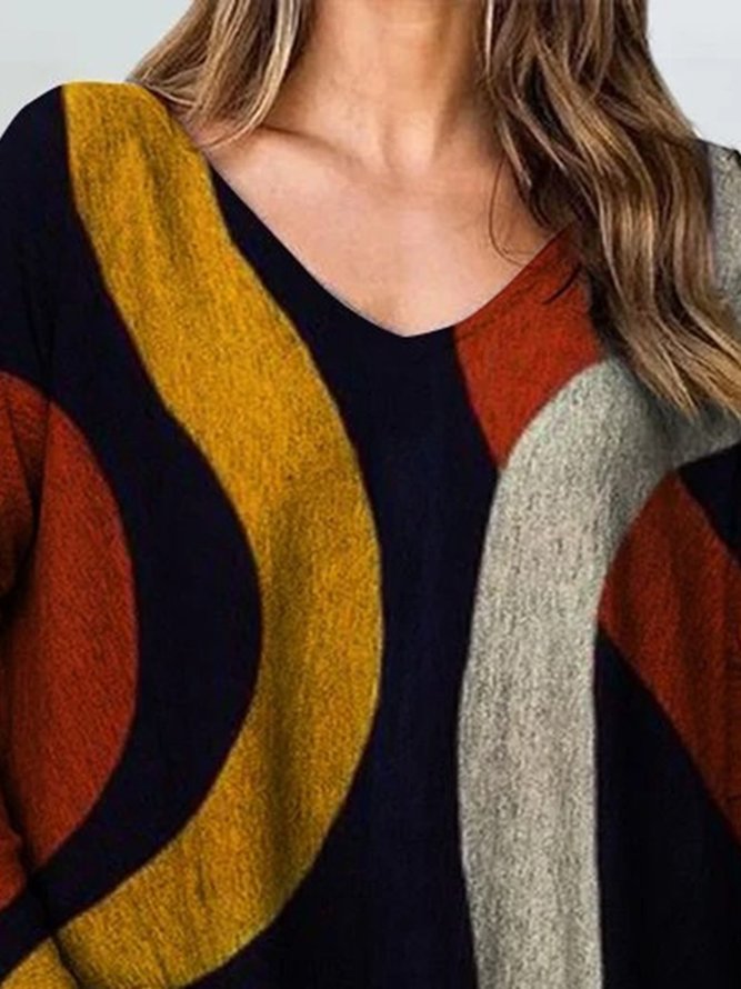 Multicolor Printed V Neck Casual Long Sleeve Shift Top