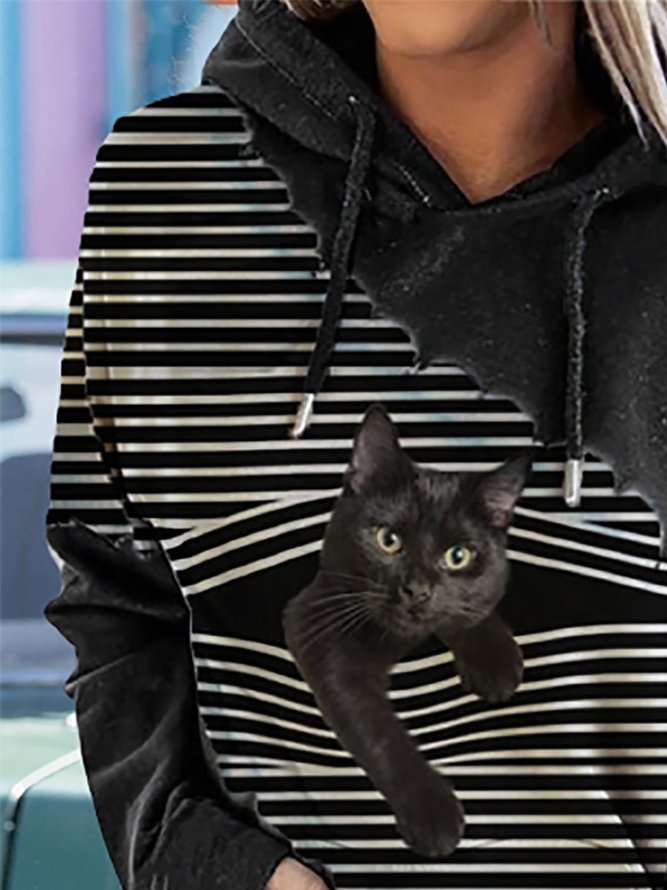 Black Cat Print Patchwork Striped Long Sleeve Hooded Sweatshirts