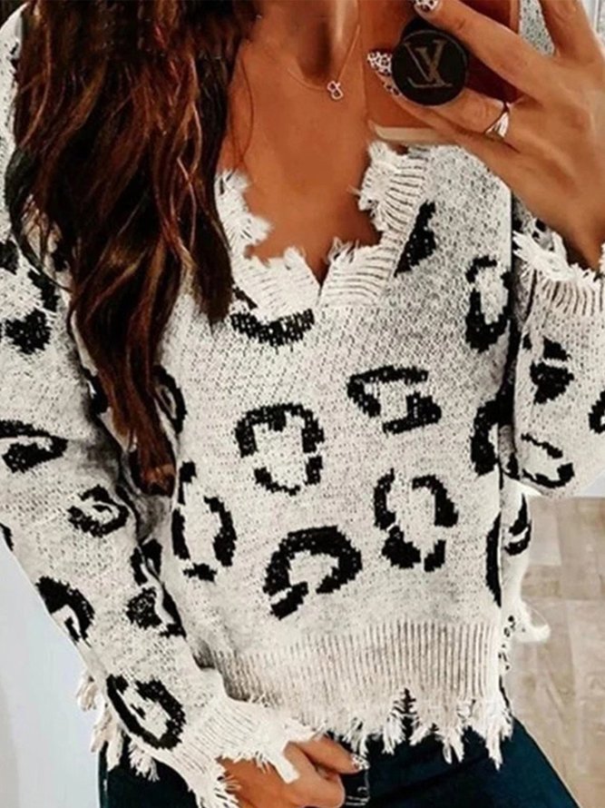 Vintage Ripped Long Sleeve V Neck Leopard Plus Size Casual Sweater