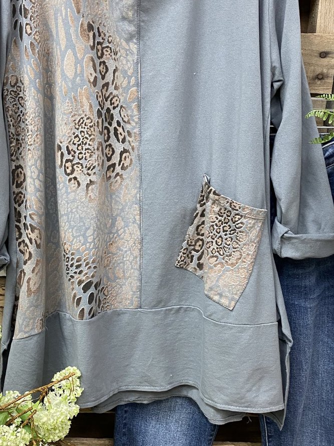 Long Sleeve Cotton-Blend Shift Leopard Shirt & Top