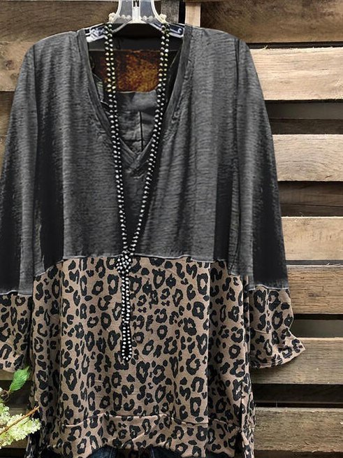 Color Block Leopard V-Neck Long Sleeves Casual Blouse