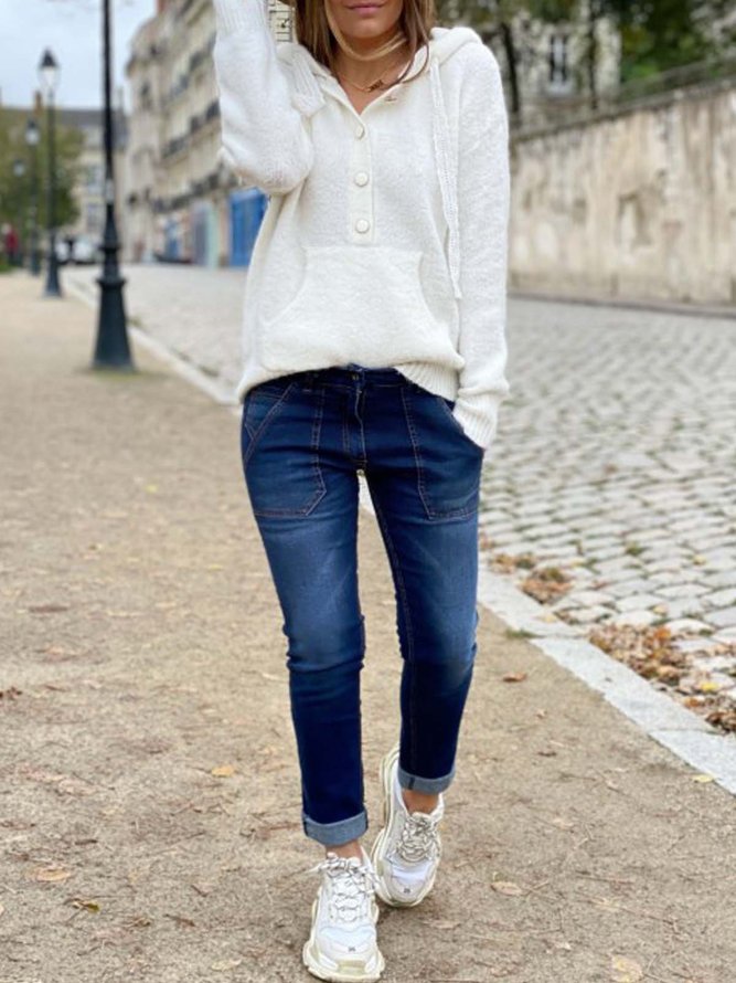 Women Casual Winter Lace Long sleeve Hooded Cotton-Blend Sweater