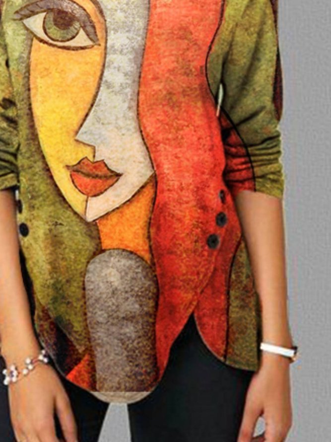 Women Casual Abstract Cotton Crew Neck Blouses