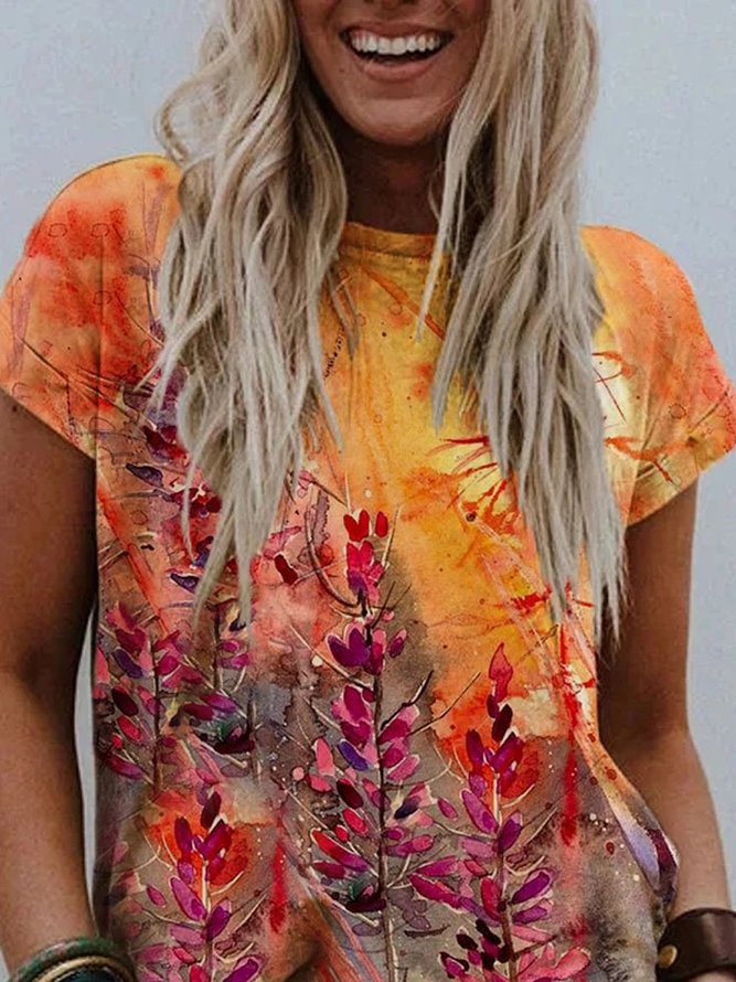 Colorful Flower Painting Short Sleeve Casual Shift T-shirt