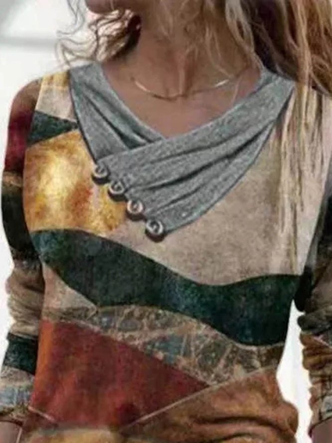 Women Vintage Cotton Abstract Print Long Sleeve Sweatshirt