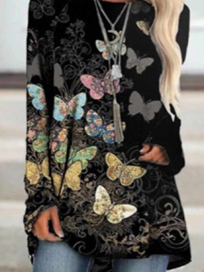 Long Sleeve Butterfly Casual Floral-Print Top