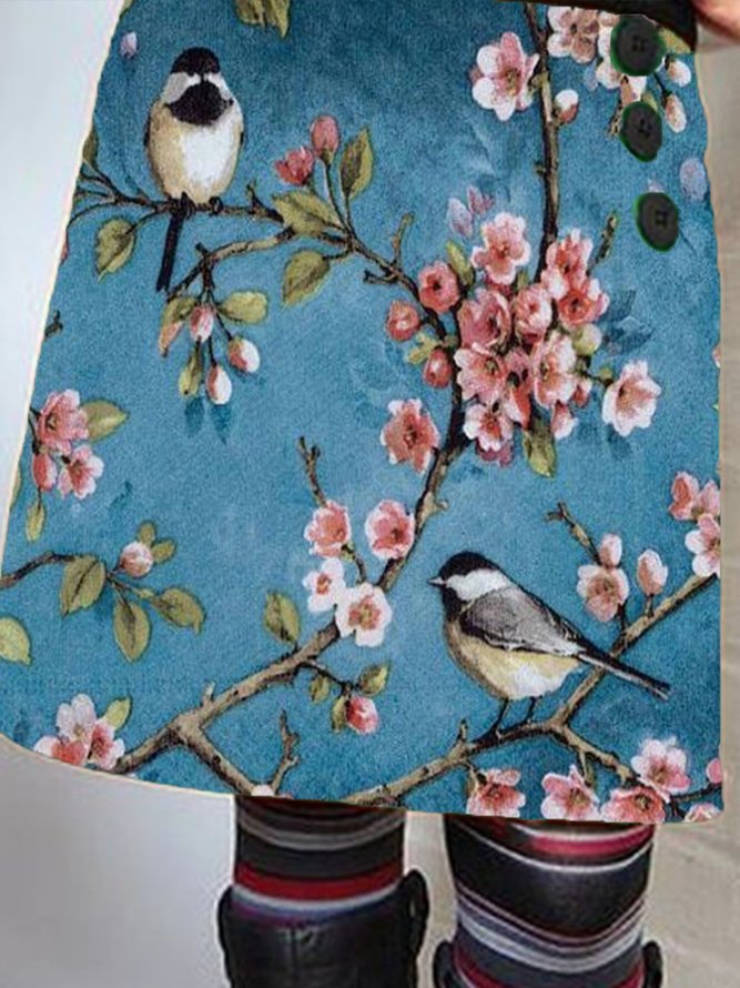Blue Floral Bird Printed Vintage A-Line Skirt