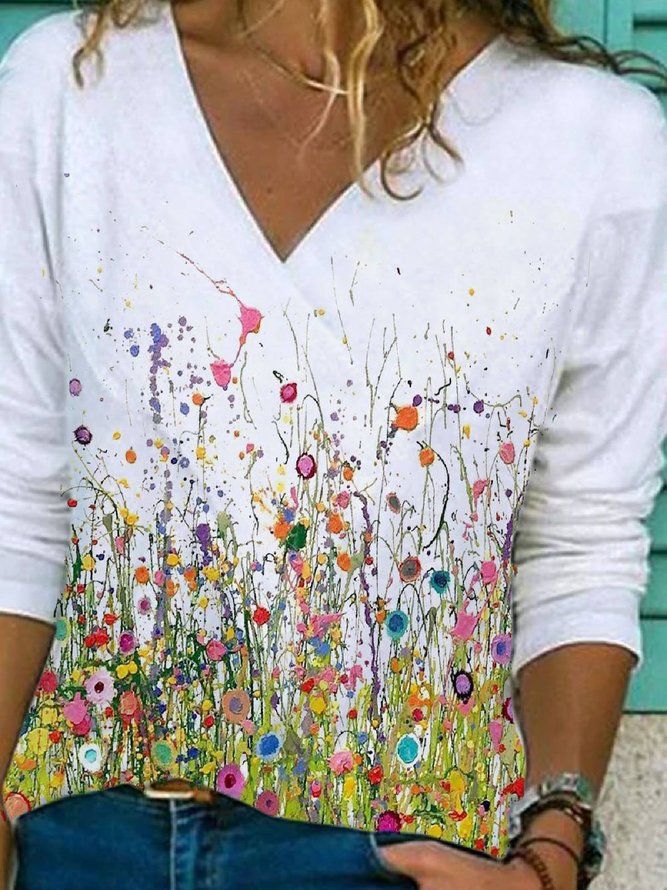 Casual Floral Floral-Print Long Sleeve T-shirt