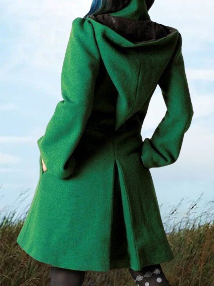 Vintage Plain Autumn Cotton-Blend Buttoned Sports Statement Long sleeve Hooded Jacket for Women