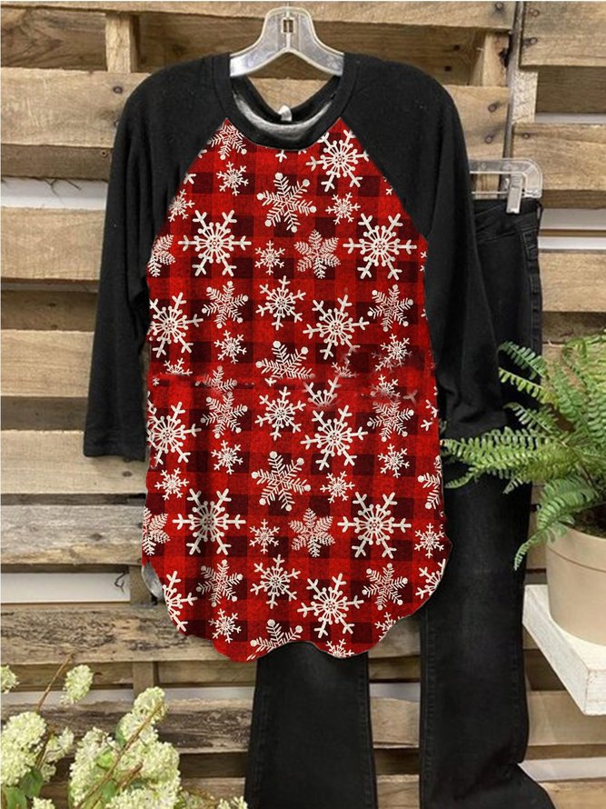 Women Casual Snowflake Printed Red Blouse