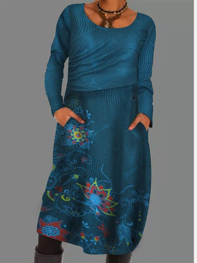 Cotton-Blend Long Sleeve Printed Knitting Dress