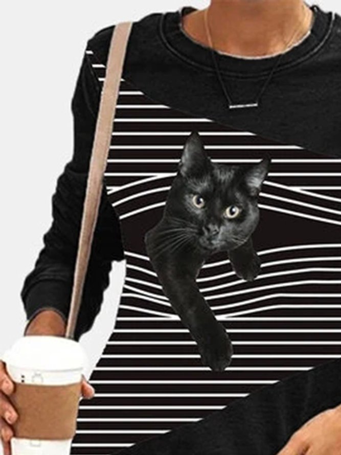 Black Cat Striped Patchwork Print Casual Blouse