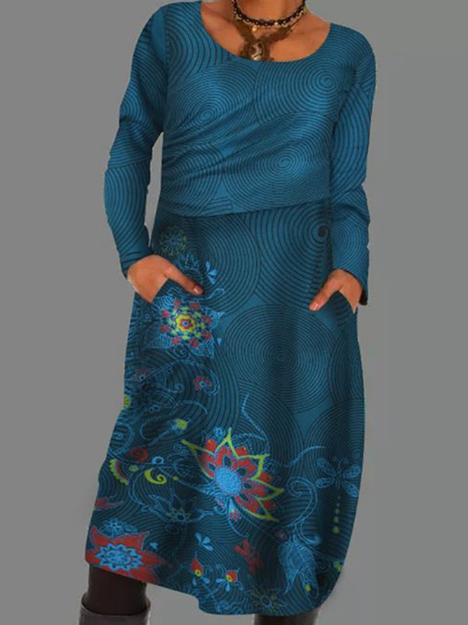 Cotton-Blend Long Sleeve Printed Knitting Dress