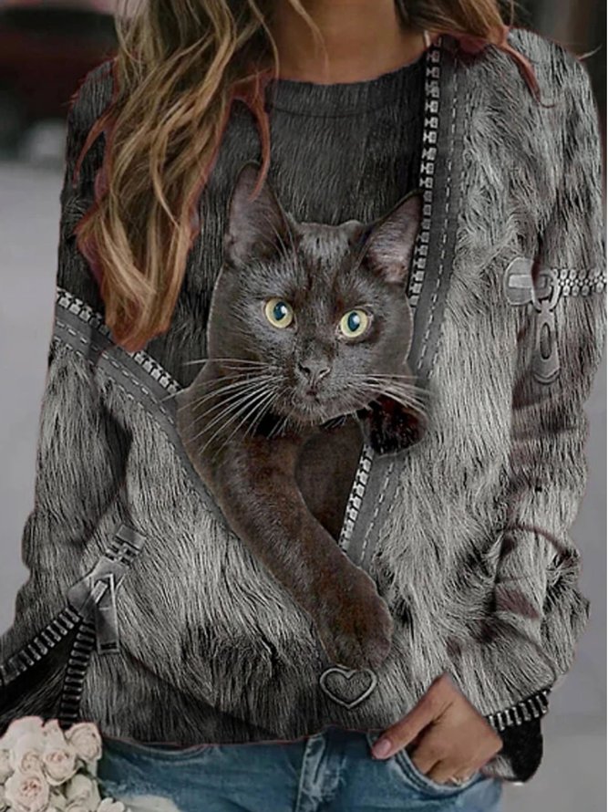 Women Casual Black-Grey Cat Printed Tops