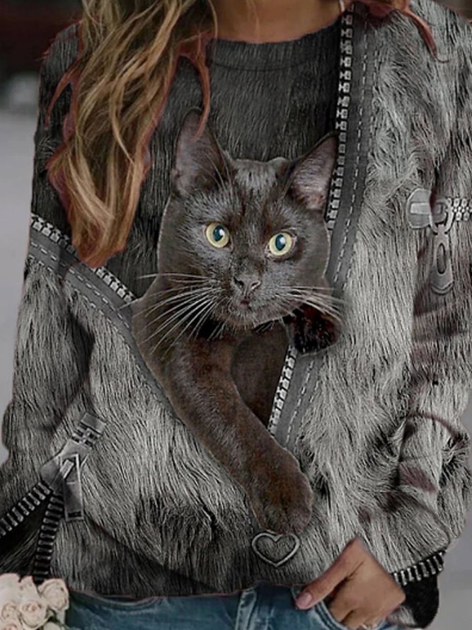 Women Casual Black-Grey Cat Printed Top