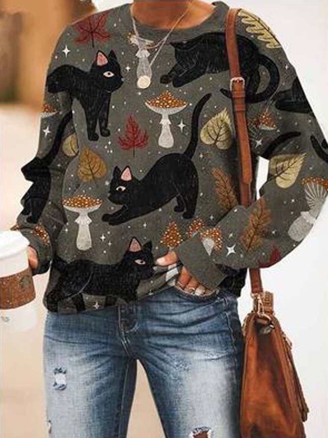 Animal  Long Sleeve Printed  Cotton-blend Crew Neck  Casual  Winter Gray Top