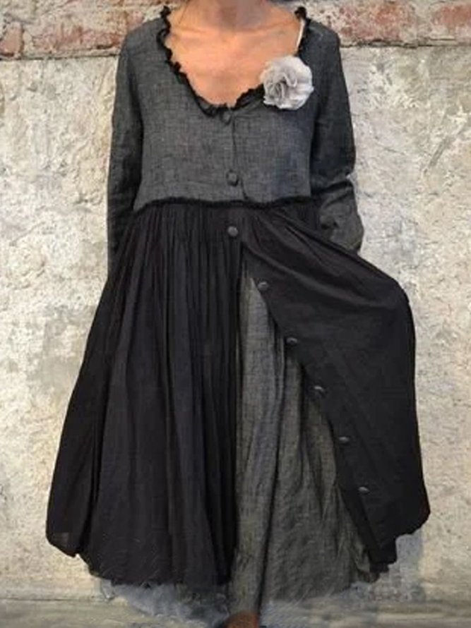 Plus Size Crew Neck Long Sleeve Vintage Plain Weaving Dress