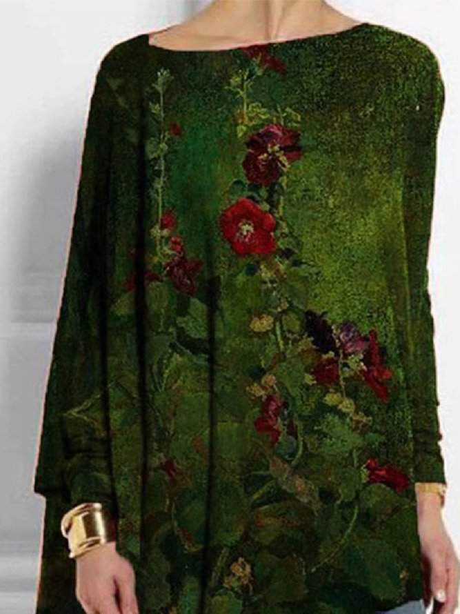 Women Casual Irregular Crew Neck Floral-Print Long Sleeve Top