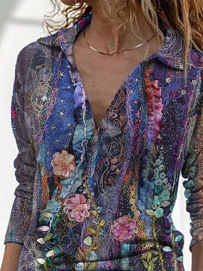FloralPrint Shawl Collar Long Sleeve Floral Top zolucky