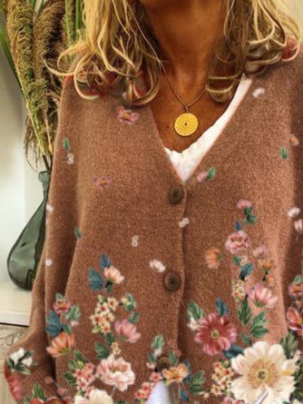Casual Floral Shift V Neck Sweater coat
