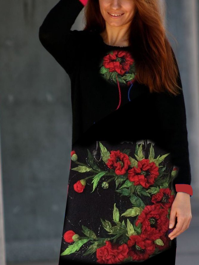 Floral Crew Neck Casual Printed Knitting Dress