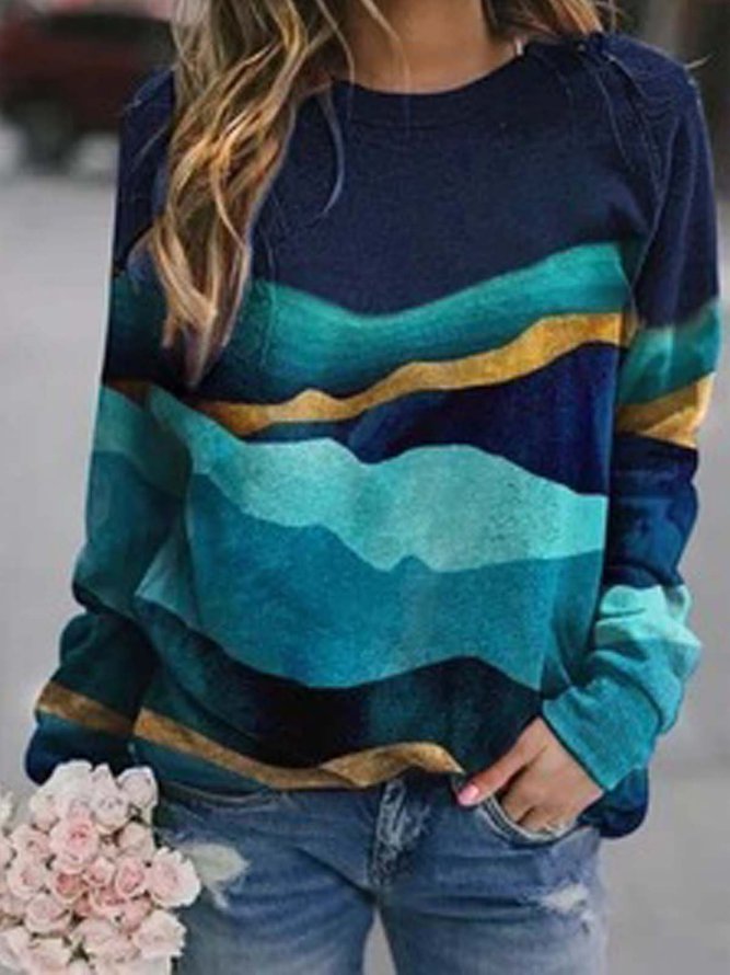 Long Sleeve  Printed  Cotton-blend  Crew Neck  Casual  Winter  Blue Top