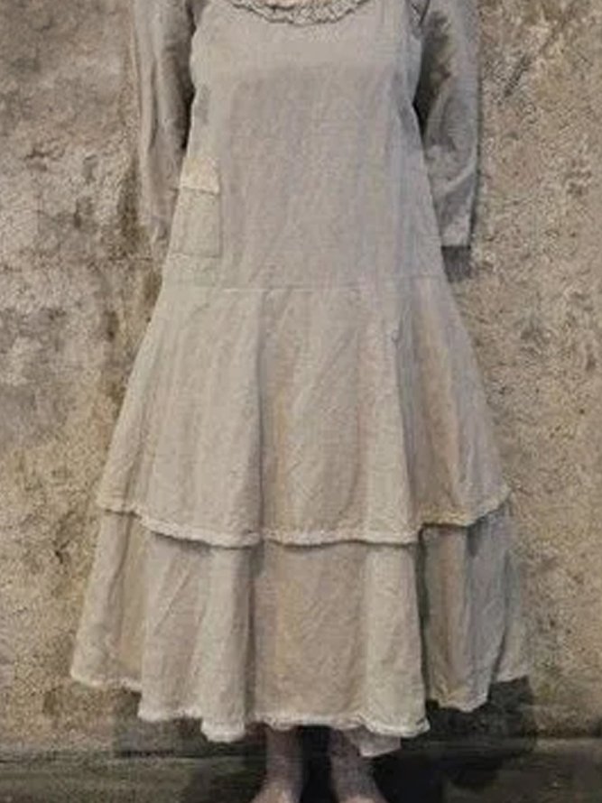 Plain Cotton-Blend Vintage Long Sleeve Weaving Dress