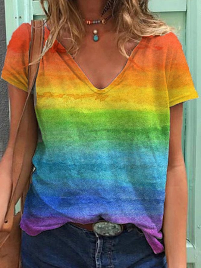 Women Casual Cotton-Blend Rainbow Color-block V Neck T-Shirt | zolucky