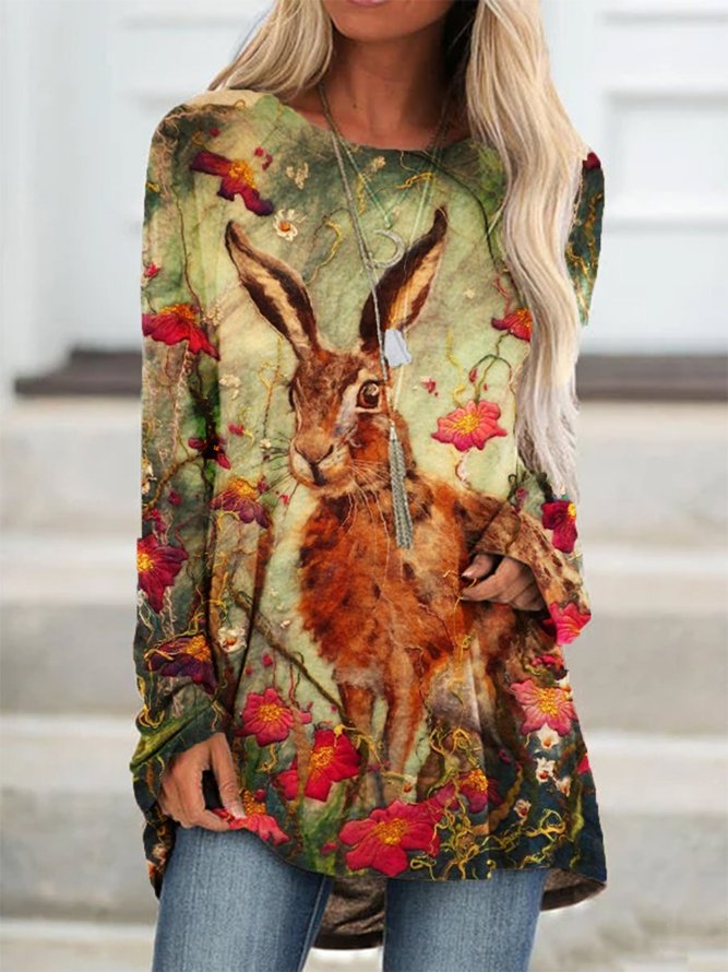 New Women Fashion Vintage Comfortable Animal Holiday Crew Neck Shift Top