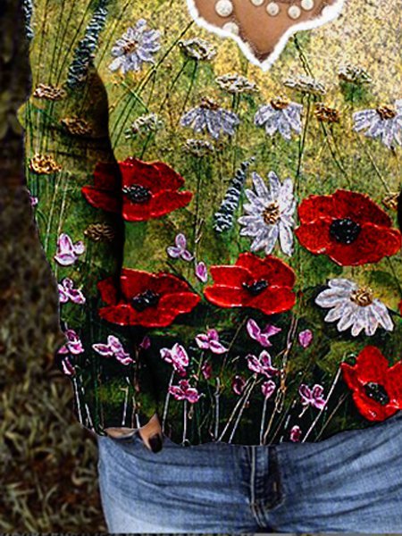 V Neck Long Sleeve Vintage Floral Tops