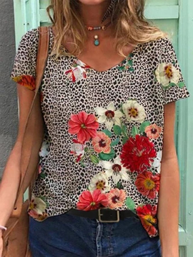 Flower Leopard Painting Print Tshirt Tops Zolucky Floral 1 Leopard