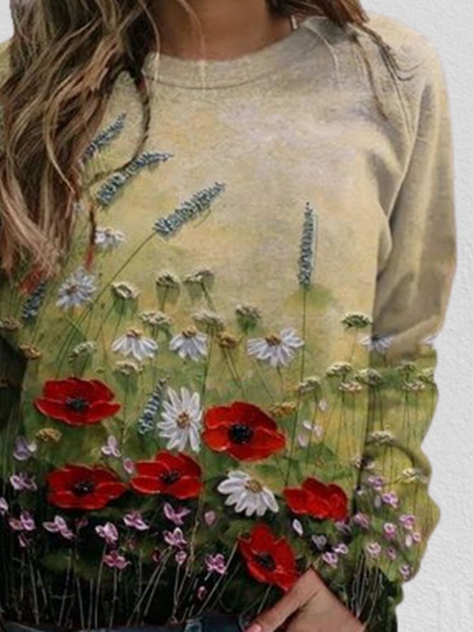 Women Calico Print Long Sleeve O-neck Casual Sweatshirt
