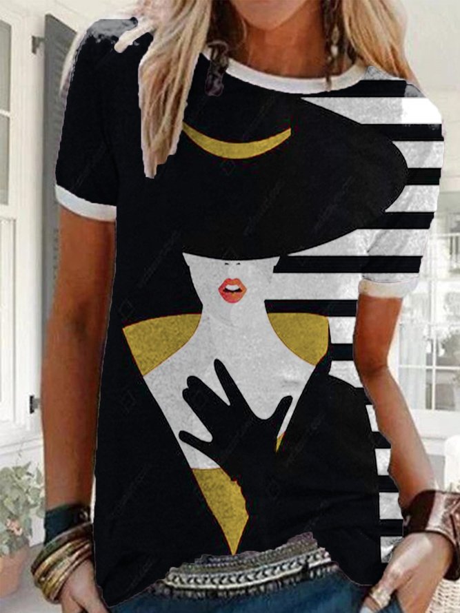Printed Short Sleeve Abstract Round Neck T-shirt