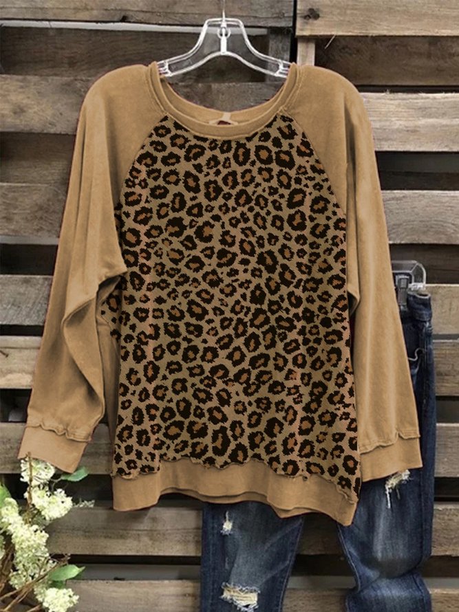 Leopard Long Sleeve Round Neck Cotton-Blend Tops