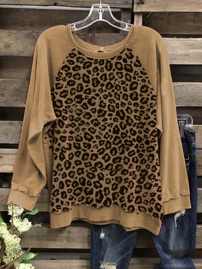 Leopard Long Sleeve Round Neck Cotton-Blend Tops