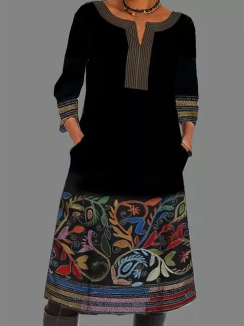 Tribal Boho Shift V Neck Knitting Dress