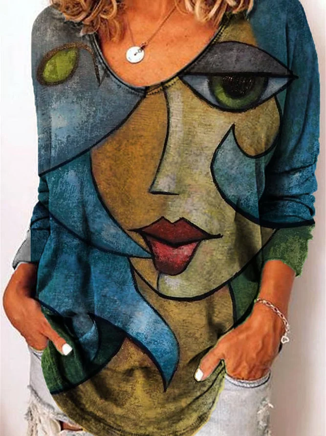 Women Casual Cotton Long Sleeve V Neck Abstract Face Print Shift Shirts