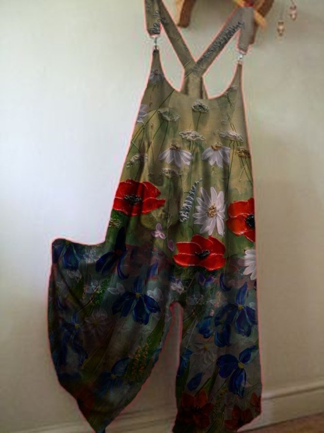 Plus Size Crew Neck Sleeveless Floral Vintage Jumpsuit & Romper