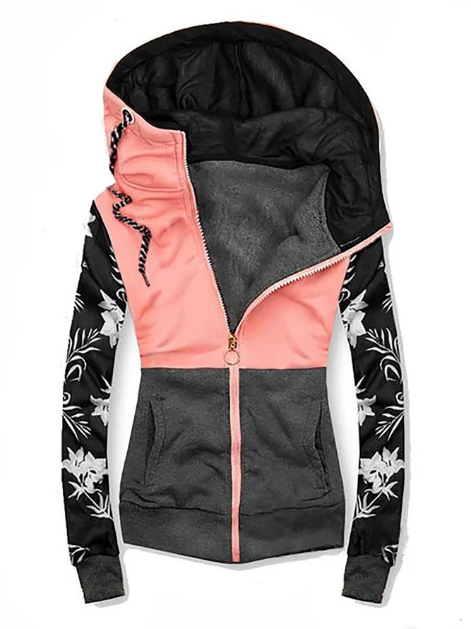 Hoodie Color-Block Floral Casual Knit coat