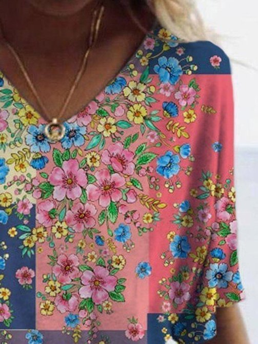 Women's Summer Floral Printed Short Sleeve Vintage V Neck T-Shirts