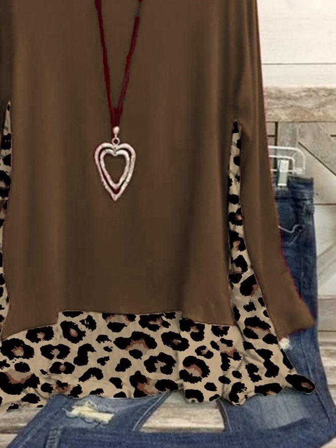 Leopard Long Sleeve Scoop Neckline Jersey T-shirt